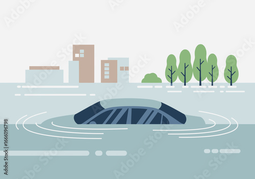 Futuristic vehicle submerged in water with buildings and trees.