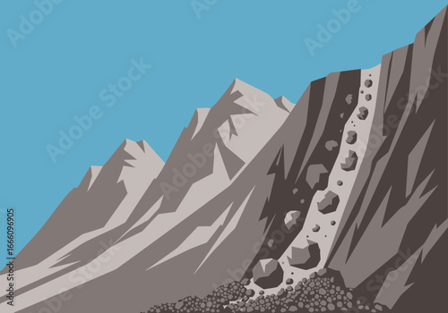 Rocks tumbling down a steep mountain slope under a blue sky.