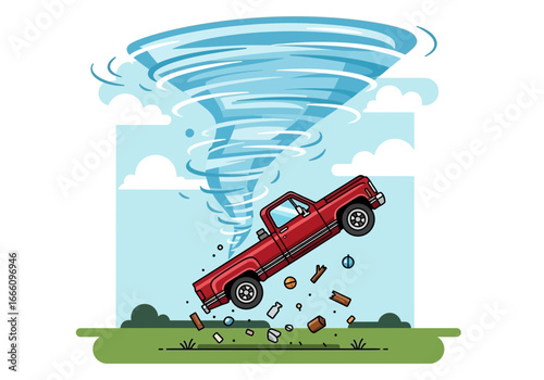 Tornado lifting a red truck and debris into the air.