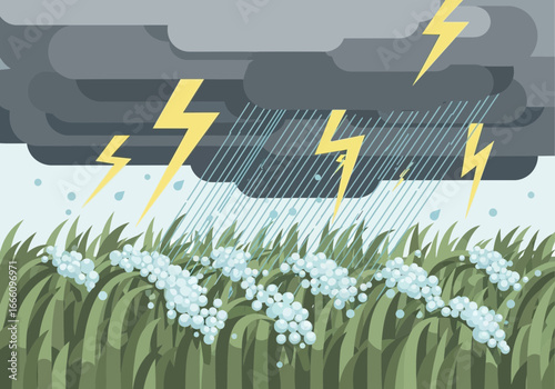 Stormy weather with lightning, rain, and hail over grass.