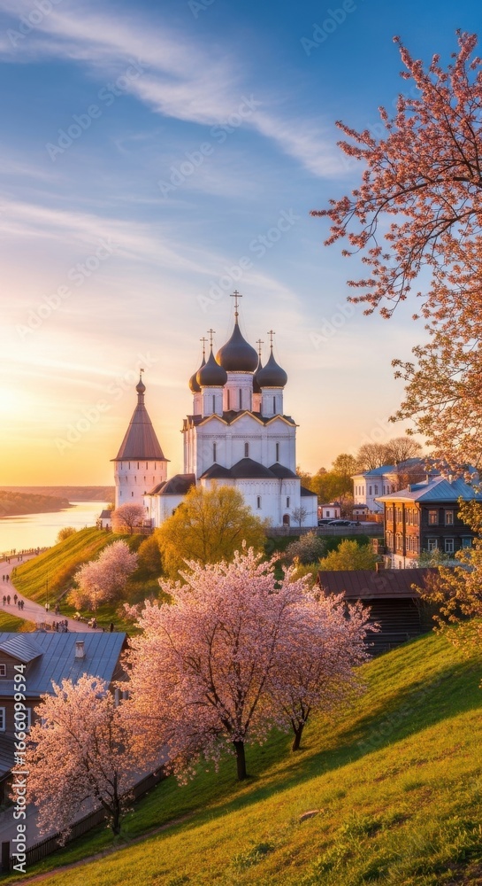 Fototapeta premium Picturesque orthodox church and cherry blossoms at dawn in Suzdal Russia