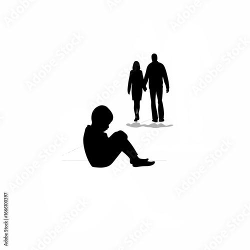 Family separation silhouette of child sitting with parents standing apart isolated on white background