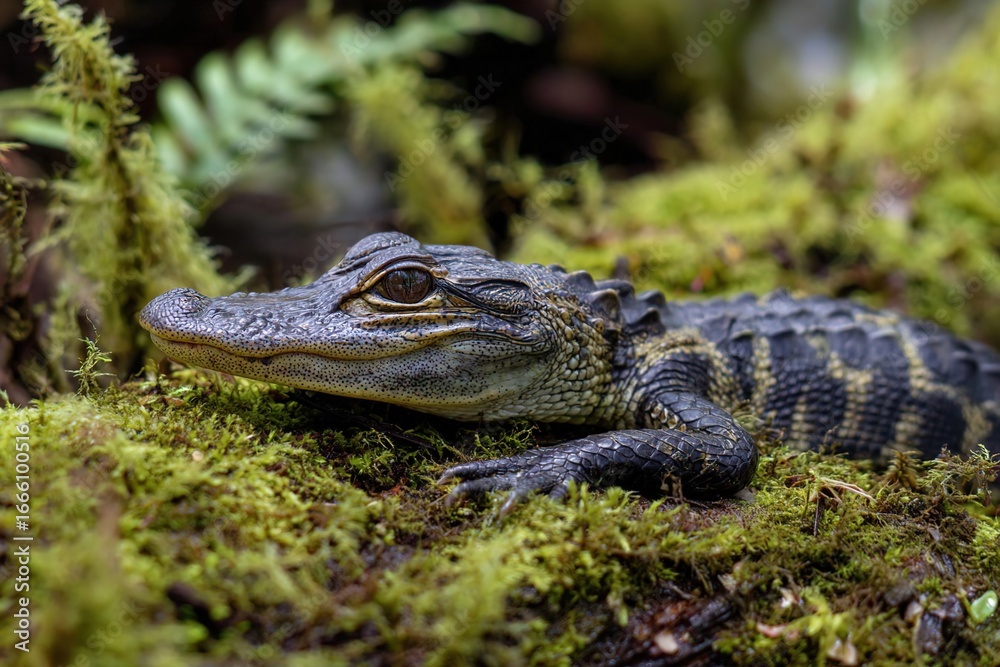 Fototapeta premium A young American alligator rests on green moss in a wetland environment. The reptile has a patterned body and is partially camouflaged among the foliage.