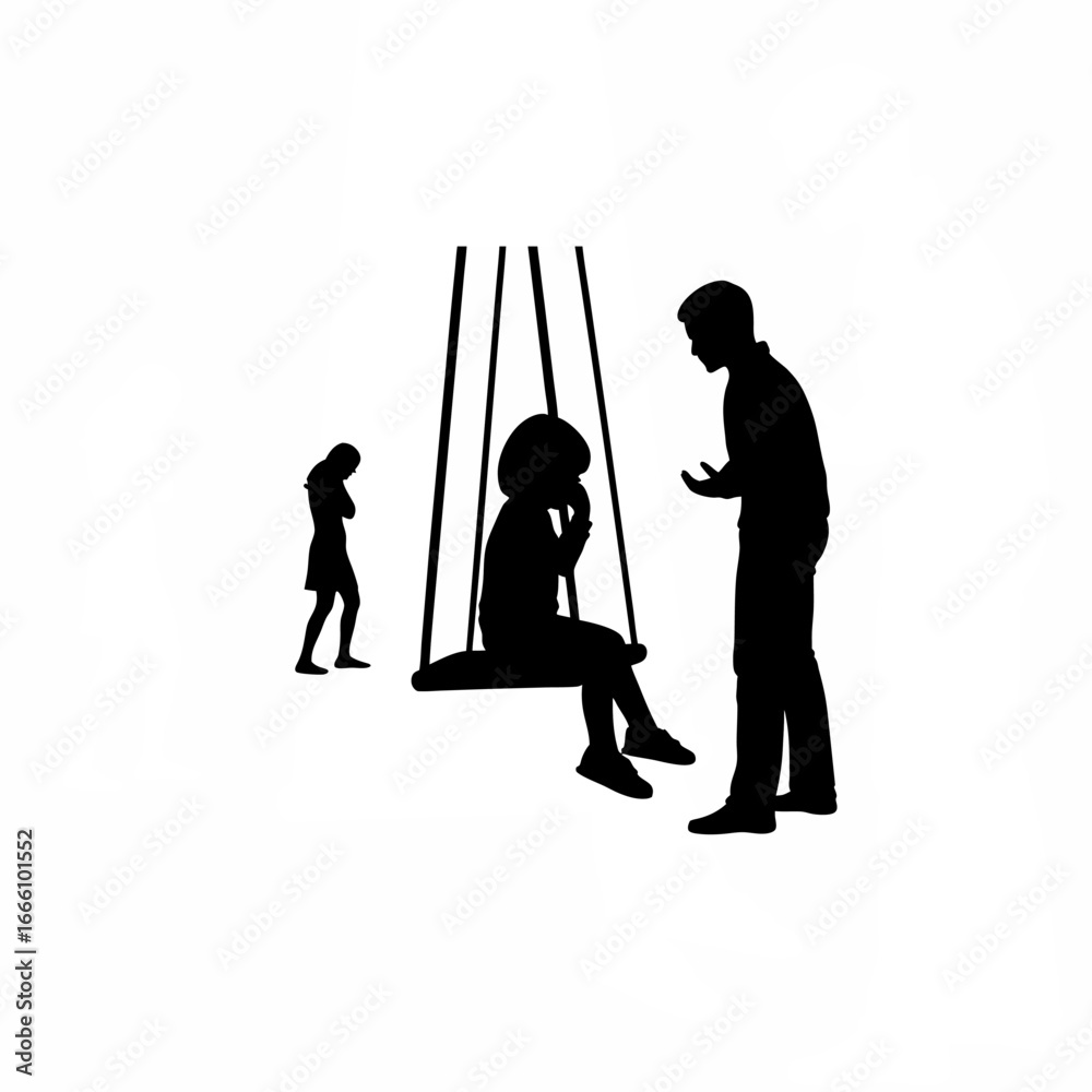 Obraz premium Child on swing silhouette parents arguing in background looking down isolated on white background silhouette