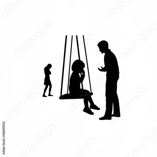 Child on swing silhouette parents arguing in background looking down isolated on white background silhouette