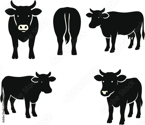 Set of different views cow silhouette.