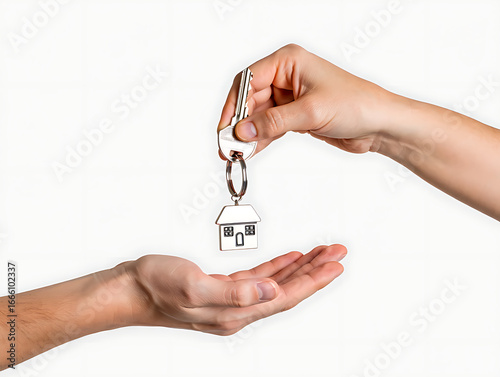 The exchange of a house key from one person's hand to another symbolizing ownership transfer and the beginning of a new chapter in real estate