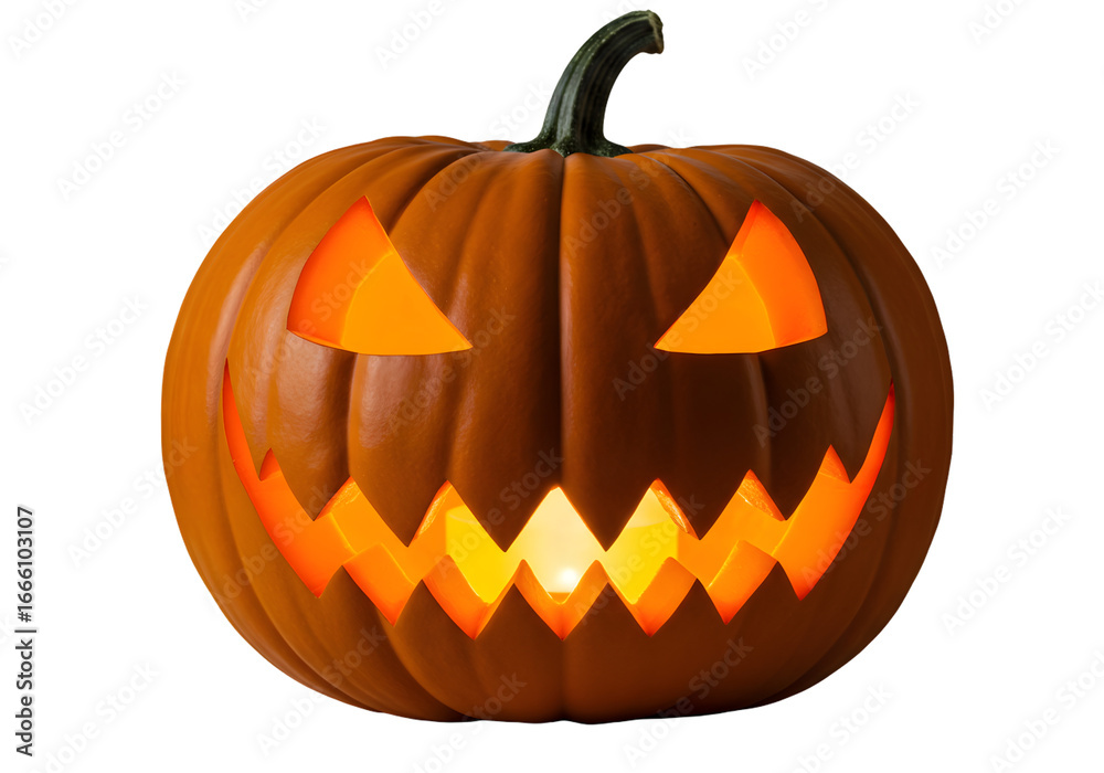 Naklejka premium Spooky Halloween pumpkin with glowing carved face, perfect for holiday decorations and seasonal promotions, creating a festive atmosphere