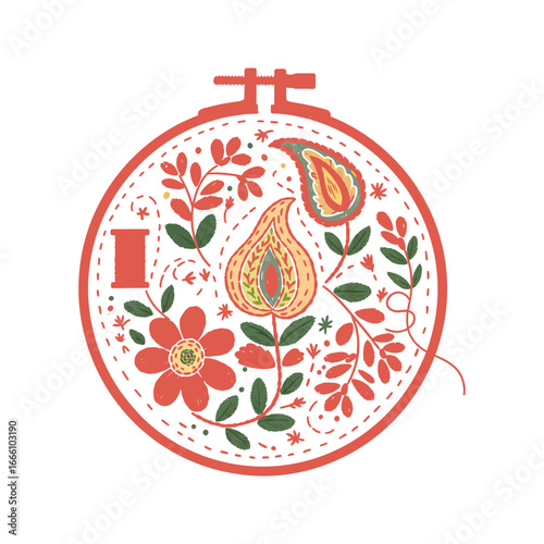 Embroidery hoop floral design red flowers paisley patterns needlework art craft illustration