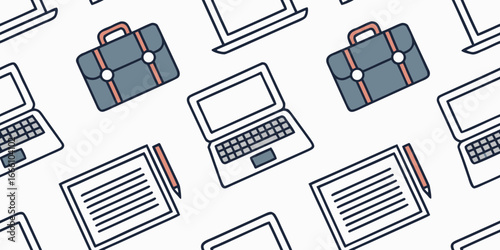 Seamless vector pattern of office icons with laptops, briefcases, coffee mugs, and documents in professional scalable outline style, repeating corporate background for business and workplace design