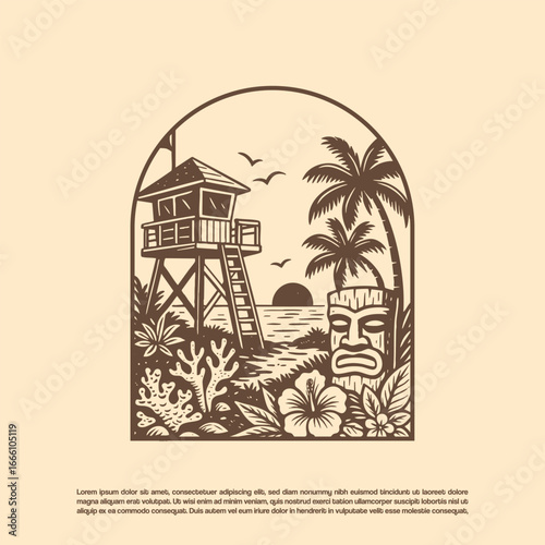 Vintage retro hand drawn Hawaiian beach paradise vibes 