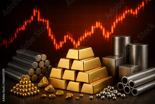 Ultra realistic composition of gold bars, silver rods, metallic cylinders, and golden nuggets arranged on a dark reflective surface with a glowing red-orange financial line graph in the background.