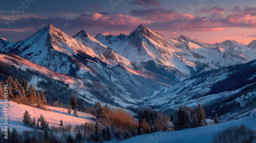 Majestic snow-covered mountain range at dusk nature photography serene landscape captured in the rocky mountains