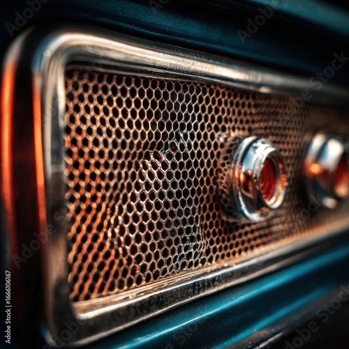 Detailed view of an old car radio speaker grille, showcasing textures.