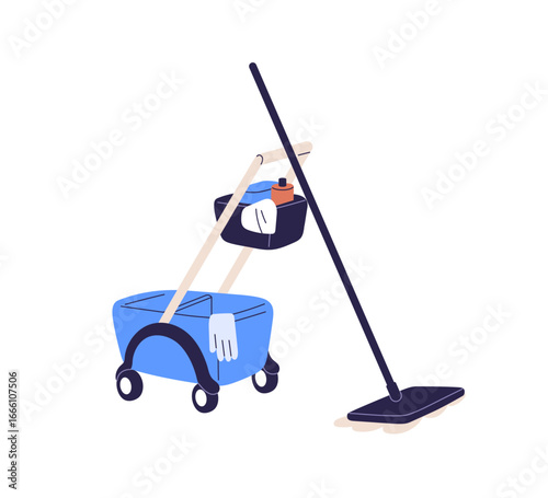 Mop and wheeled bucket, cart with cleaning detergents, gloves. Professional cleanup tools, supplies, equipment, accessories, floor gear. Flat vector illustration isolated on white background
