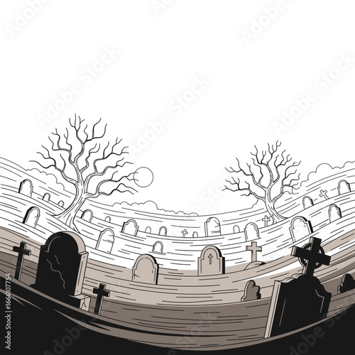 Spooky Graveyard Illustration with Tombstones, Bare Trees, and Moon