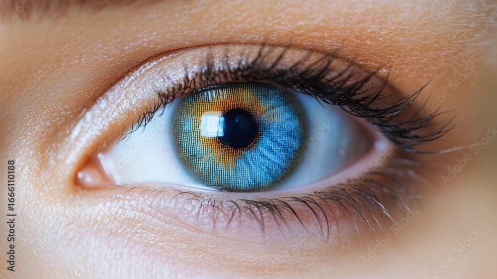 Obraz premium Captivating close-up of a vivid blue and orange eye with intricate detail captured under natural light