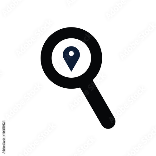 Vector icon of a location pin with a magnifying glass, representing place search, map lookup, navigation, or GPS location finding. Perfect for apps, websites, maps, travel tools, and UI/UX design.