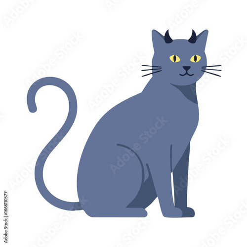 Minimalist Russian Blue Cat Vector with Devil Horns and Curled Tail