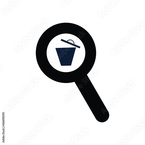 Vector icon of a dustbin with a magnifying glass, representing finding deleted items, searching trash, or locating discarded files. Perfect for apps, websites, file management systems, and UI/UX desig