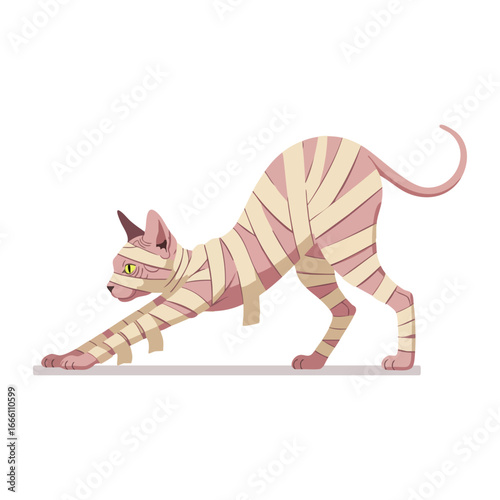 Sphynx Cat Wrapped in Mummy Bandages Flat Vector Illustration