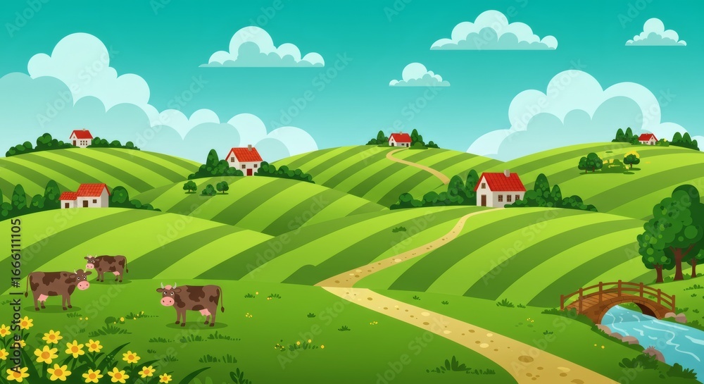 Obraz premium Countryside Charm Cows Grazing on Green Hills with Serene Rural Landscape.