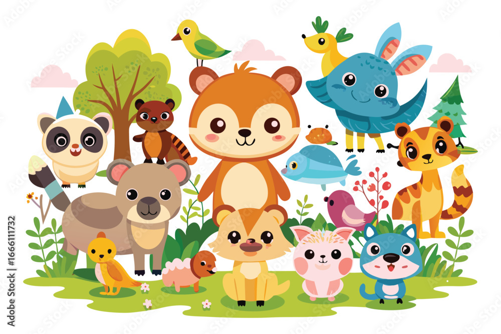 Naklejka premium Assortment of Cute Cartoon Animals and Forest Elements in a Lively Scene cute animals animal assortment