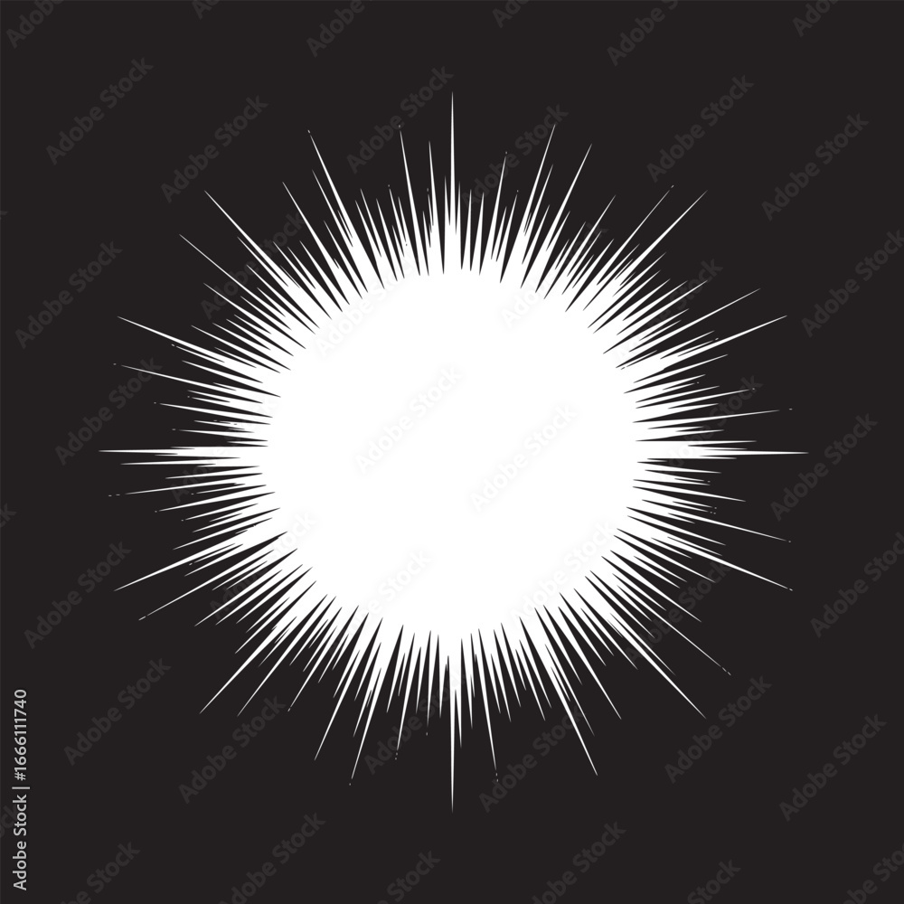 Fototapeta premium Dynamic white burst radiating energy against black backdrop, perfect for dramatic design elements