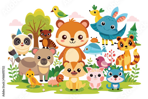 Assortment of Cute Cartoon Animals and Forest Elements in a Lively Scene cute animals animal assortment