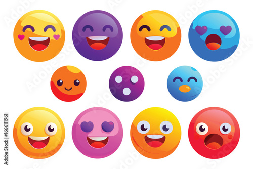Assortment of twelve colorful and diverse emoji faces and symbols with happy expressions cheerful