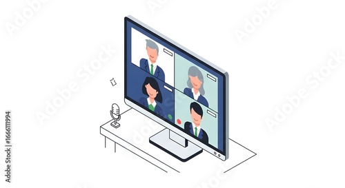 Isometric video conference of diverse team meeting online business communication remote virtual monitor computer microphone