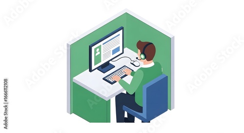 Isometric illustration man working customer support desk cubicle callcenter operator agent headset computer office helpdesk service