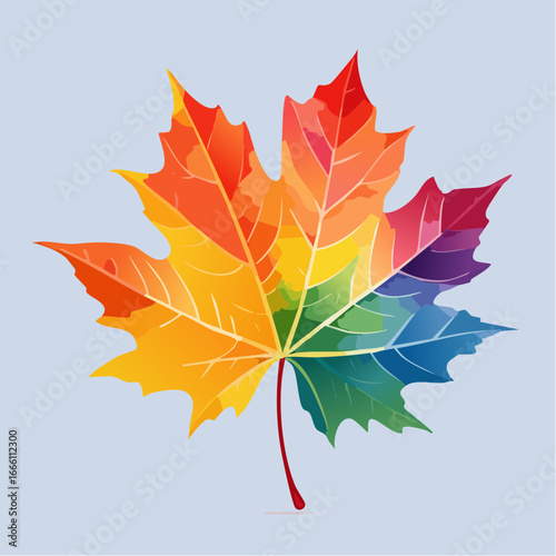 虹色をした秋の紅葉した楓の葉っぱ　水彩画風