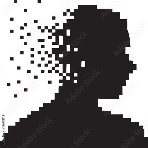 Digital disintegration concept featuring a pixelated head silhouette representing memory loss or identity crisis