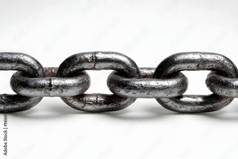 Fototapeta premium Close-up of a heavy metallic chain link against a white background, emphasizing strength and durability