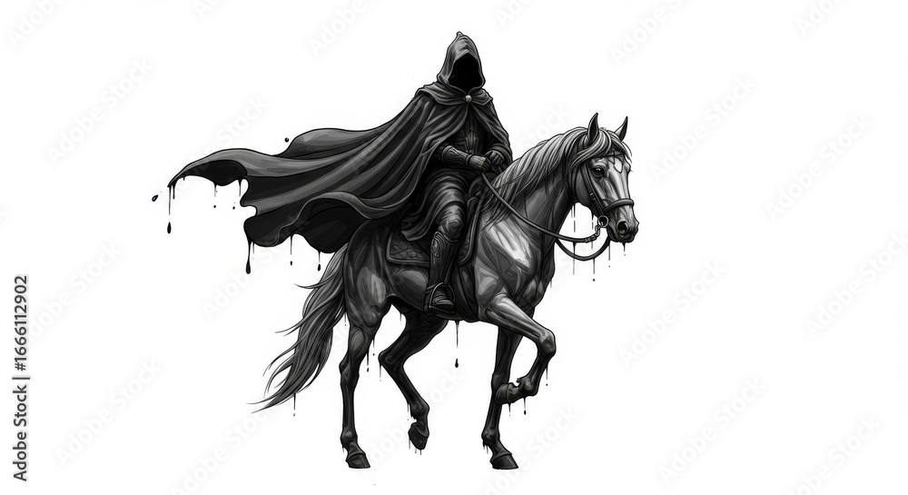 Fototapeta premium Mysterious Hooded Rider on Horse Abstract Dripping Line Art in Monochrome on White Background