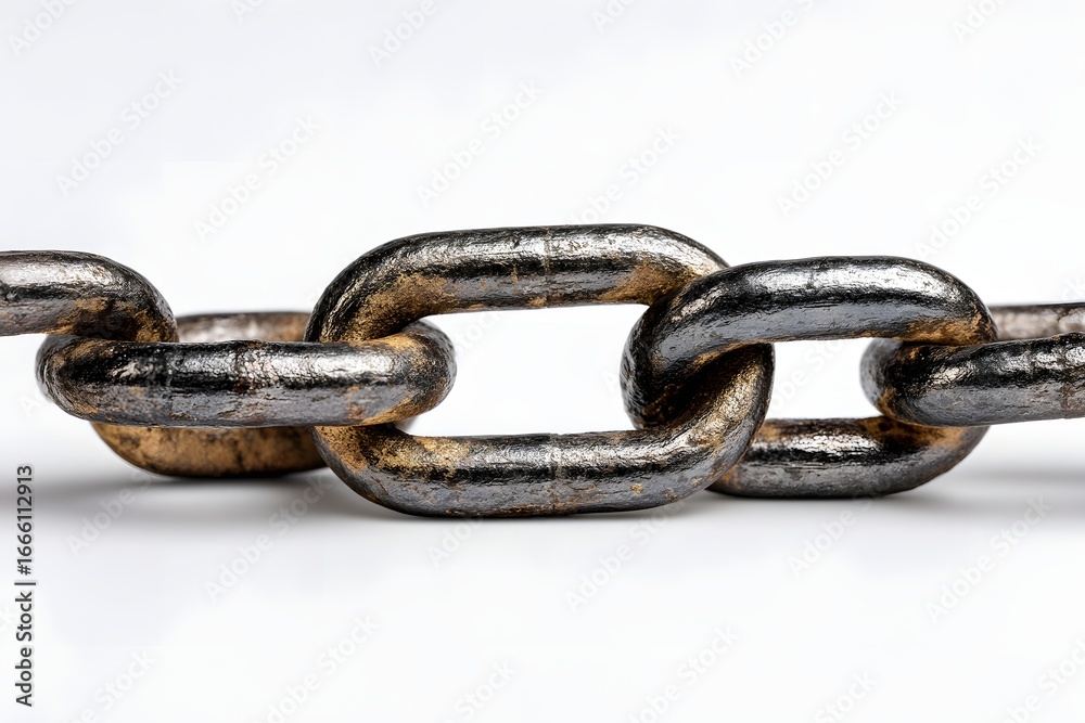 Fototapeta premium Close-up view of a weathered metal chain link showcasing rust and wear against a clean background