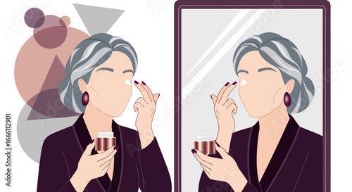Elegant mature woman applying rejuvenating facial cream, embracing timeless beauty and self-care routine