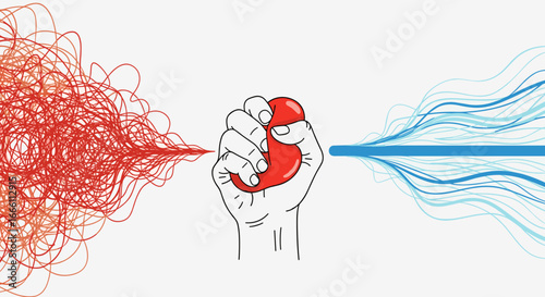 Transforming chaos into order, a hand squeezes a red stress ball, creating smooth blue waves.