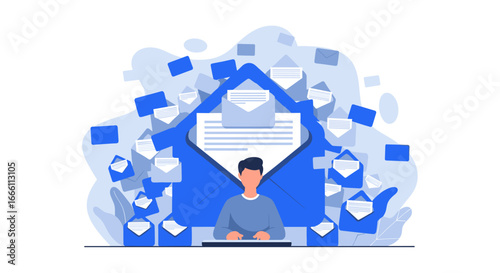Man overwhelmed by a flood of emails, symbolizing digital communication overload and modern work challenges.