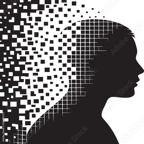 Conceptual silhouette of a human head transforming into digital pixels, representing memory loss