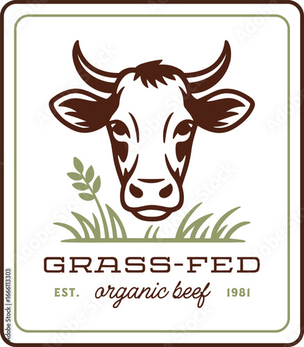 Grass fed beef organic premium high quality meat cow head logo label tag sticker packaging design. Natural farm grown retro vintage green aesthetic minimal silhouette drawing text isolated clipart.
