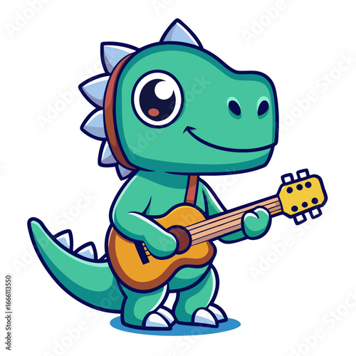 Adorable Cartoon Dinosaur Playing Acoustic Guitar: Happy, Childlike, Musical Illustration