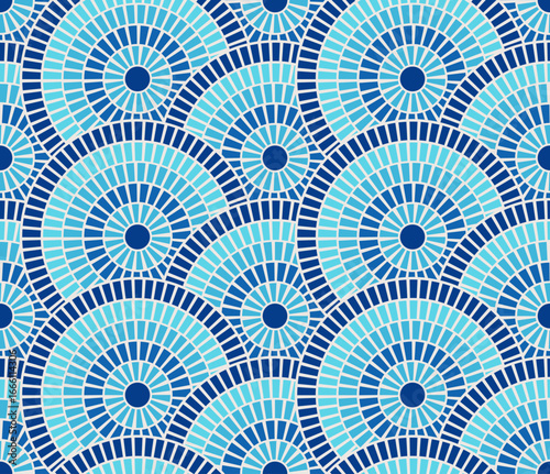 Greek Mosaic Pattern. Sea blue tile background. Rome ocean ornament circle motif. Ceramic marble floor abstract. Wave radial pattern illustration.
