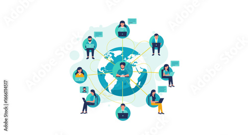 Global connection with remote team members collaborating online using laptops for business success and communication