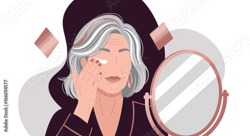Elegant mature woman applying anti-aging cream for a youthful glow in her skincare routine at home
