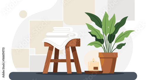 Relaxing spa scene with towels, candle, and vibrant plant - ideal for wellness promotions and calming visuals