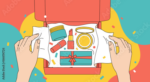 Unboxing a curated beauty box filled with cosmetics and skincare treats perfect for pampering yourself