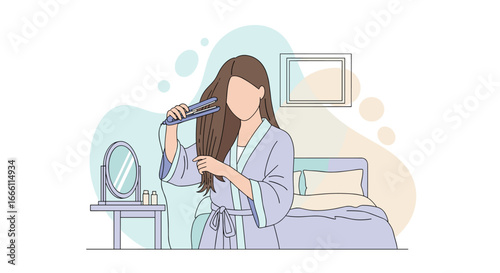 Relaxing morning routine straightening long hair at home in robe for self-care and beauty concept