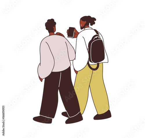 Men friends walking together, communication. Guy showing smartphone screen, talking outdoors. Male going, strolling with mobile phone, back view. Flat vector illustration isolated on white background
